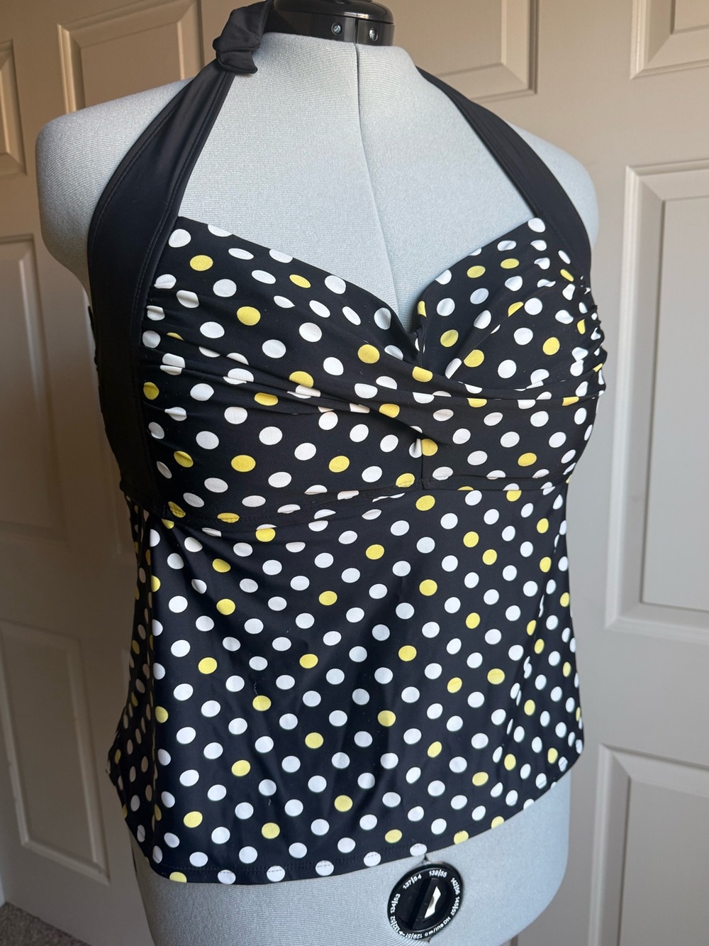 Catalina Black Polka Dot Halter Tankini Top with White and Yellow Dots Size 2X